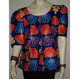Mørkeblå bluse med orange/lilla mønstre